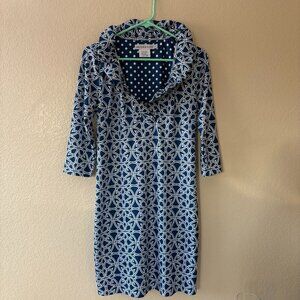 Gretchen Scott Size XS Ruff Neck Jersey Dress Ring Toss Print Navy Preppy